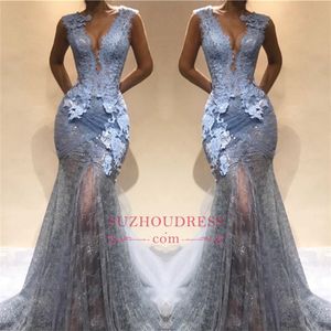 Blue Mermaid Prom Evening Dress Sexig Sheer Lace Appliced ​​Formal Party Gown Appliced ​​C Neck Celebrity Dresses Custom Made Made