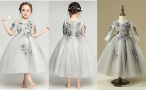 Grey Tulle Long Sleeves Handmade Flowers A Line Girls Pageant Dresses Jewel Neck Beads Kids Girls Birthday Formal Gown