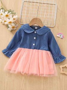 Baby Colorblock Peter Pan Collar Flounce Sleeve Mesh Hem Dress SHE