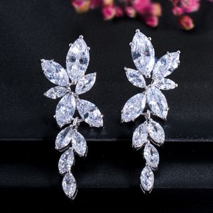 Fashion Long Charm designer earring Rose Gold Silver Leaf South American White AAA Cubic Zirconia Copper Luxury Diamond Earrings For Women Party teen girls gift