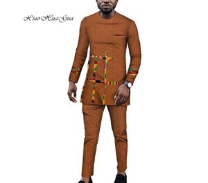 Geleneksel Afrika Bazin Riche Baskı Tops Kıyafeti ve Pantolon Afrika Erkek Giysileri Uzun Kollu Gömlek Kıyafeti Ve Pantolon Set Wyn920