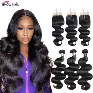 Ishow Virgin Weave Extensions Body Wave 8-28inch For Women Straight Wefts Jet Black Color Human Hair Bundles with Lace Closure