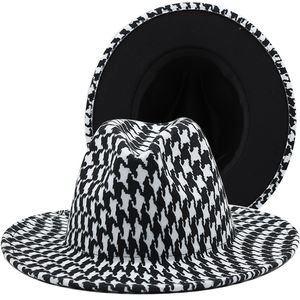 2022 Novo Houndstooth com lã de fundo preto sentiu jazz fedora chapéu mulheres homens largamente borda retalhos festa de festa formal chapéu de casamento