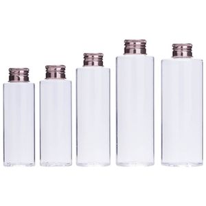 Tom plastklart flaska Flat axel Pet Rose Gold Skruvlock med innerplugg Raffillerbar kosmetisk förpackningsbehållare 100 ml 120 ml 150ml 200ml 250ml