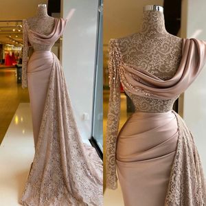 High Neck Lace Mermaid Evening Dresses Ruched Sequins One Shoulder Overskirt Prom Gowns Spacial Occasion Dress Robe de soiree