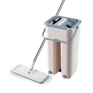 Drop Shipping Magic Microfiber Cleaning Mops Free Hand Mop with Bucket Flat Squeeze Magic Automatic Home Kitchen Floor Cleaner LJ201130