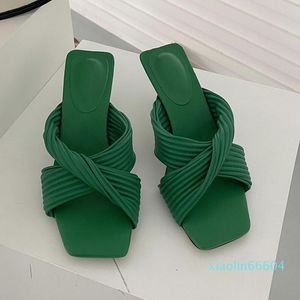 Tofflor High Heels Kvinnor Sommar Flip Flops Square Tor Tunna Slides Kvinna Casual Utanför Sandaler Damer Pumpar