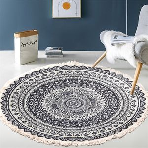 Retro Bohemian Round Carpet Hand Woven Cotton Linen Rug Bedside Geometric Floor Mat Living Room Home Decor 220224