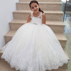 White Ivory Flower Girls Dress Lace Appliques Tulle Floor Length Backless First Communion fluffy Party Dresses251F