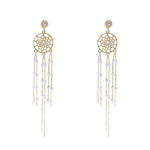 S925 Silver Needle A Two-Band Dreamcatcher Fringe Pearl Shiny Earrings Women Long Style Temperament Stud Earrings