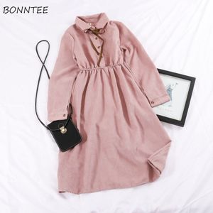 Manga Longa Dress Mulheres Botões Sólidos Botões Doces Doces Meninas Das Mulheres Estilo Coreano Harajuku All-Match Student Streetwear Y0118