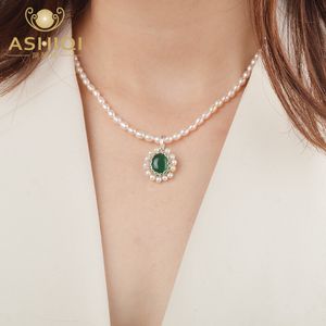Ashiqi Real Freshwater Pearl Natural Agate Necklace Pingente Prata Handmade Design Vintage Jóias Y0126