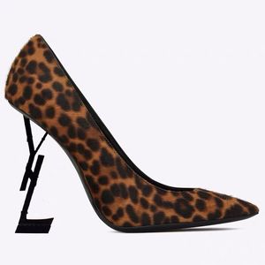 Lady Dress Shoes Pekade Toe Läder 10cm Högklackat Sexig Patent Leopard Designer Bankettpumpar Kvinna Bröllopspump