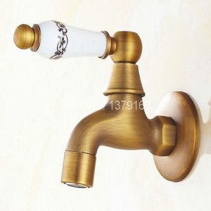 Bathroom Sink Faucets Wholesale- Vintage Antique Bronze One Ceramic Flower Pattern Handle Kitchen Faucet Wall Mounted Laundry Mop Water Tap