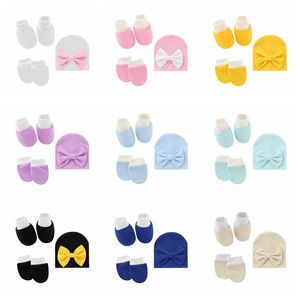 Kapak bebek bebek eldivenleri ayak örtü yeni doğan çoraplar papyon şapkası seti 3 adet çocuk hediye setleri yl224