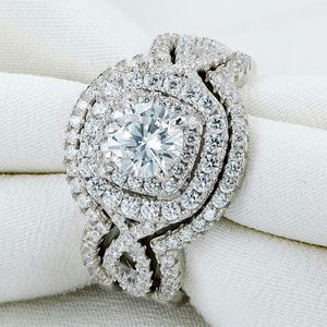 Ny ankomst Solid 925 Sterling Silver Wedding Ring Bridal Sats Förlovningsband Klassiska Smycken för Kvinnor Gratis frakt