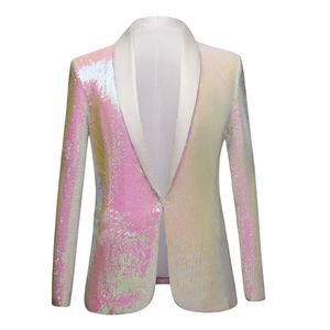 Erkekler Saf Beyaz Pembe Pullu Şal Yaka Takım Elbise Blazer Çift Taraflı Moda Erkek Balo Elbise Takım Elbise Ceket Gece Kulübü Şarkıcı Slim Fit Smokin Kostüm