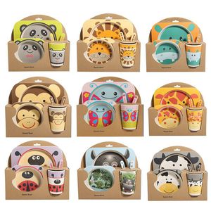 5pcs/set Cartoon Animal Plate+Bow+Fork+Cup Baby Dinnerware Feeding Set Bamboo Fiber Baby Children Container Tableware Set Y200111
