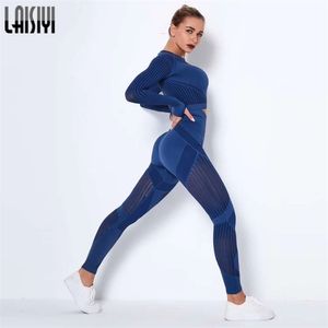 Mulheres sem costura ginásio sets de cintura alta ginásio malha leggings camisa terno de manga longa exercício de fitness esportes funcionando esporte fino conjuntos 211221