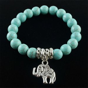 Braccialetto da donna con ciondolo a forma di elefante in argento con pietra turchese naturale blu naturale da 8 mm per gioielli da donna