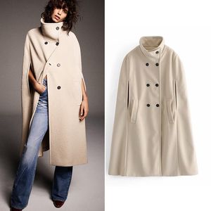 Elegant Women's Winter Cloaks with Stand Collar, Wool Capes, Pockets, and Thick cashmere coat women - Sleeveless A-Line Outwear (201214)