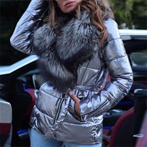 Kış Ceket kadın Sıcak Parkas Streetwear s Parlak Kürk Yaka Sashes Ince Ceket Rüzgar Geçirmez Yastıklı Kadın Giyim 211216