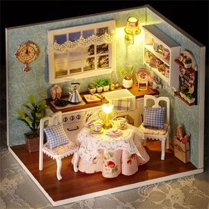 DIY Minyatür Bebek Evi Mutfak Modeli Odası Kutusu Ahşap Dollhouse Oyuncaklar Toz Kapağı ile LED, Noel ve Doğum Günü Hediyesi 201217