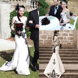 Винтажные черно -белые платья 2021 русалка кружевная аппликация корсет обратно, прозвенный поезда, сделанный атласный свадебный свадебный платье 403 403