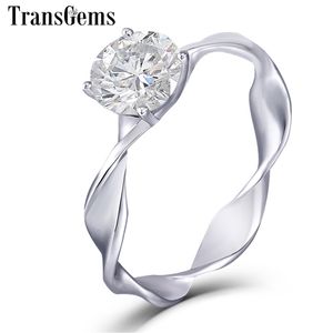 TRANSGEMS 14K 585 BIAŁY ZŁOTY ZŁOTA Pierdzież zaręczynowy dla kobiet Centrum 1ct 6,5 mm f Kolor Diamond Ladies Pierścień Y200620