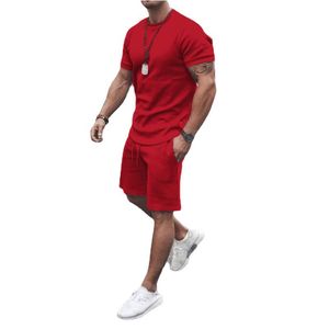 Sommar kortärmad T-shirt + Solid Shorts Tracksuit Set Brand Clothing Män Casual Sports Suit Set