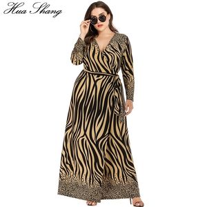 5XL 6XL Plus Size Winter Dress Long Sleeve Women V Neck Striped Leopard Print Casual Maxi Long Dresses Belted Split Wrap Dress 201125