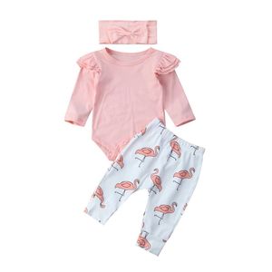 Nyfödd spädbarn kläder höst baby flicka kläder set rosa ruffle långärmad toppar tecknad flamingo byxor huvudband outfits lj201223