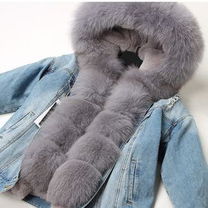 Maomaokong natural rabbit fur lined denim jacket fox fur coat coat fashion denim fox fur warm lady winter jacket women parka Y201006