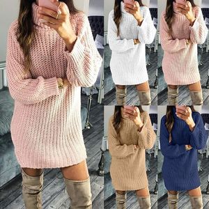 Frauenpullover Frauen Pullover Kleid hohe Kragen Langarm Kleider reine Farbe gestrickte Pullover losen warmen Winter Vestidos