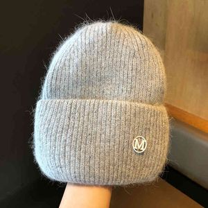 Fur Autumn Bonnet Rabbit 2021 Beanie Winter Women's Wełniany dzianinowy kapelusz