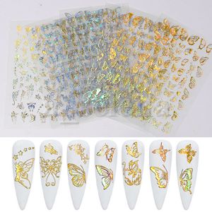 Holografisk 3D Butterfly Nail Art Stickers Lim Sliders Färgglada DIY Golden Silver Nail Transfer Dekaler Folier Wraps Dekorationer