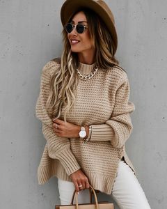 2020 Women Elegant Solid Ribbed Knit Sweater Fashion O Neck Lantern Long Sleeve Pullover Tops Ladies Winter Casual Loose Slit Jumper