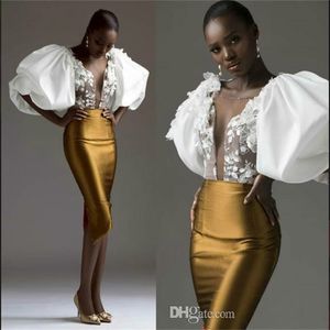Gold Sheath Evening Dress South African Exaggerated Sleeve Sheer Neck Applique Prom Dresses Evening Dress Cocktail Party Gown Robe de soirée