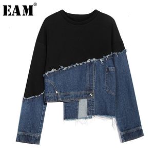 [EAM] Loose Fit Black Denim Burr Split Joint Felpa New Round Neck Manica lunga Donna Big Size Fashion Tide Spring 1M879 201102