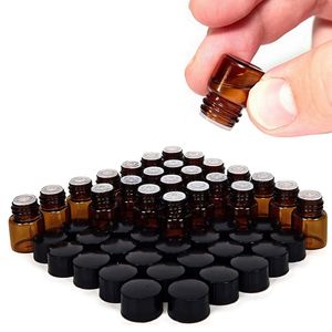 24PCS 1 ml Små Amber Glasflaskor Flaskor Behållare med Orifice Reducer Black Lid för Doterra Essential Oljeprov Parfym