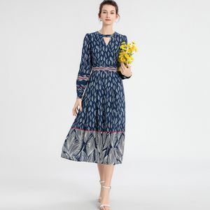 Kvinnors banan klänning o nacke långa ärmar blommor tryckt sexig nyckelhål modedesigner mittklänningar
