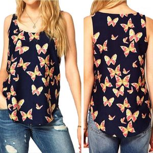 Laamei Mode Kvinnor Casual Butterfly Skriv ut Tank Topp Plus Storlek Ärmlös Chiffong Tankar Shirts Crew Vest Kläder Blusa Feminina1