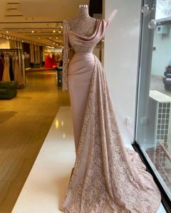 Elegent arabiska långa sjöjungfrun formella kvällsklänningar En ärm Sheer Lace Satin Beads Kvinnor High Neck Prom Party Gowns Robe de Soriee 2021