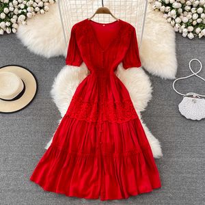 Summer Sexy Black/Red Embroidered Dress Women Elegant V-Neck Short Sleeve High Waist Single Breasted A-Line Vacation Beach Robe 2022