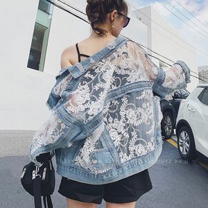 Streetwear Lace Patchwork Jean Hole Denim Jacket Coat Women Oversized Long Sleeve Perspective Flower Embroidery Loose Overcoat 201112