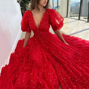 Sparkly deep V Neck Red Prom Dresses Puff half Sleeves A-Line Short Evening Dresses Starry ruched Tulle Tea-Length Formal Party Gown