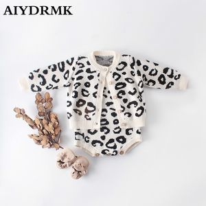 Girl Winter Leopard Knitted Clothes Newborn Knit Romper Cashmere Baby Cardigan Sweater Toddler Jumpsuit 201028