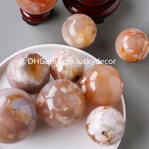 Polished Flower Agate Quartz Druzy Sphere Gifts Collection Natural Sakura Cherry Blossom Chalcedony Crystal Gemstone Ball for Self-growth and Emotional Balance