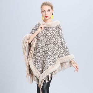 C5330 New Autumn Winter Women's Outwear Ponchos Faux Fur Collar Cloak Tassels Leopard Poncho