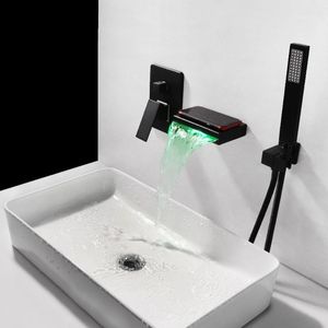 Bathroom Sink Faucets LED Light Color Changing Waterfall Bathtub Tap Wall Mounted Basin Handheld Shower Cold Water Mixing1